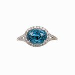 4ct Blue Zircon Ring w Natural Diamond Halo in Solid 14K White Gold | Oval 9x7mm