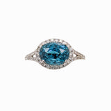 4ct Blue Zircon Ring w Natural Diamond Halo in Solid 14K White Gold | Oval 9x7mm