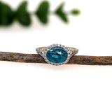 4ct Blue Zircon Ring w Natural Diamond Halo in Solid 14K White Gold | Oval 9x7mm