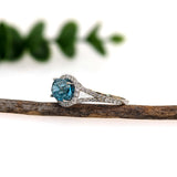 4ct Blue Zircon Ring w Natural Diamond Halo in Solid 14K White Gold | Oval 9x7mm