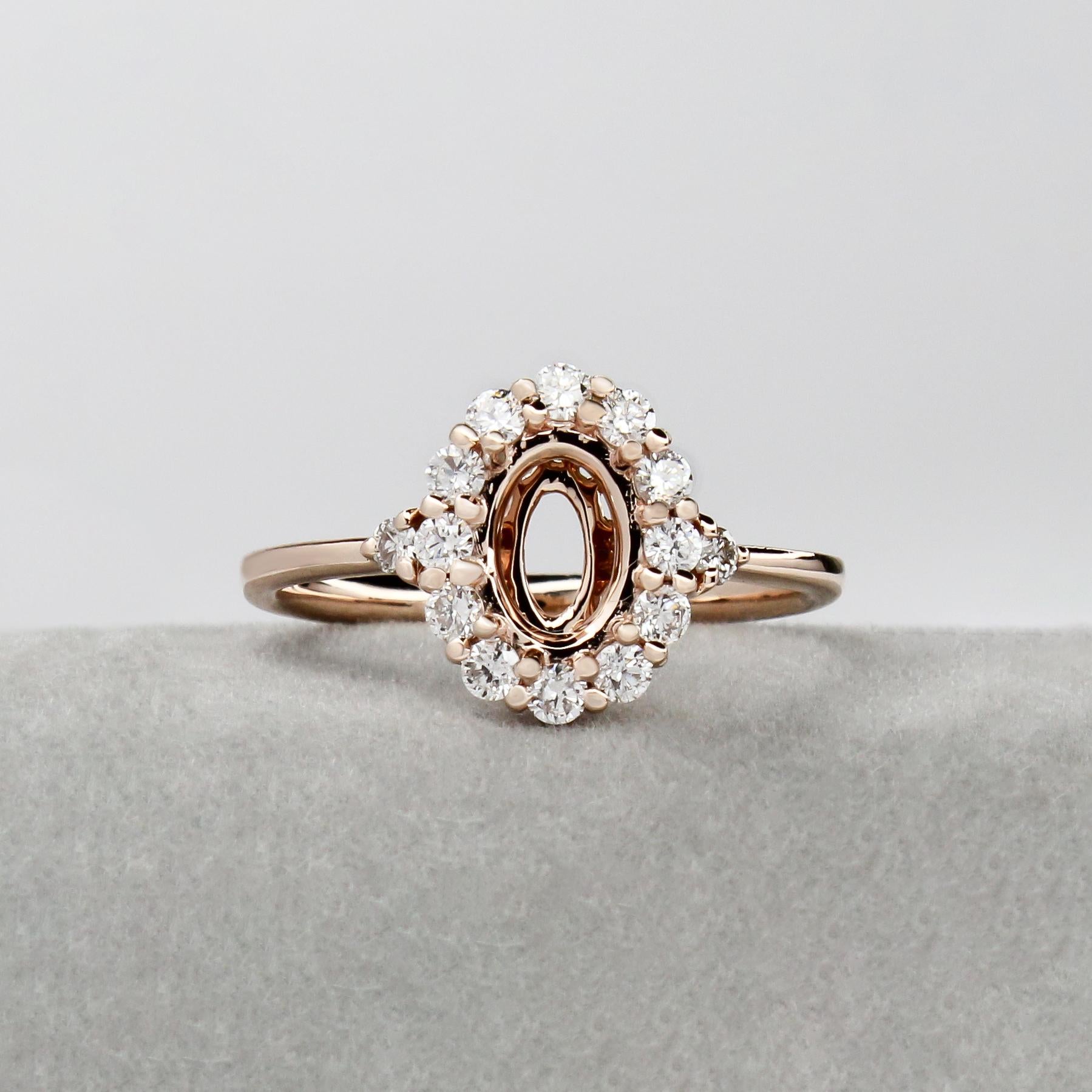 Ring Semi Mount w Earth Mined Diamonds in Solid 14K Gold | Oval 7x5mm