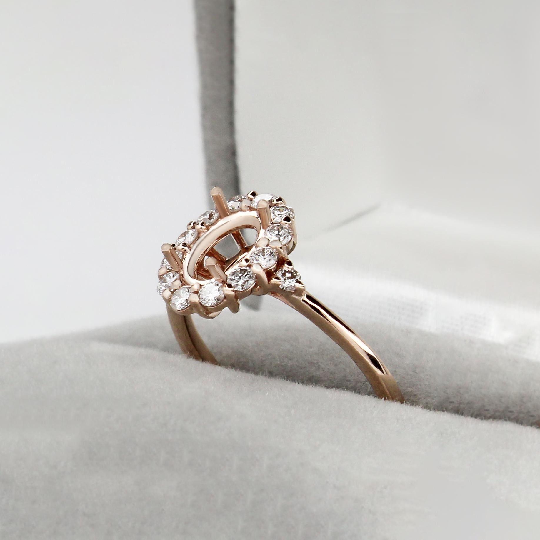 Ring Semi Mount w Earth Mined Diamonds in Solid 14K Gold | Oval 7x5mm