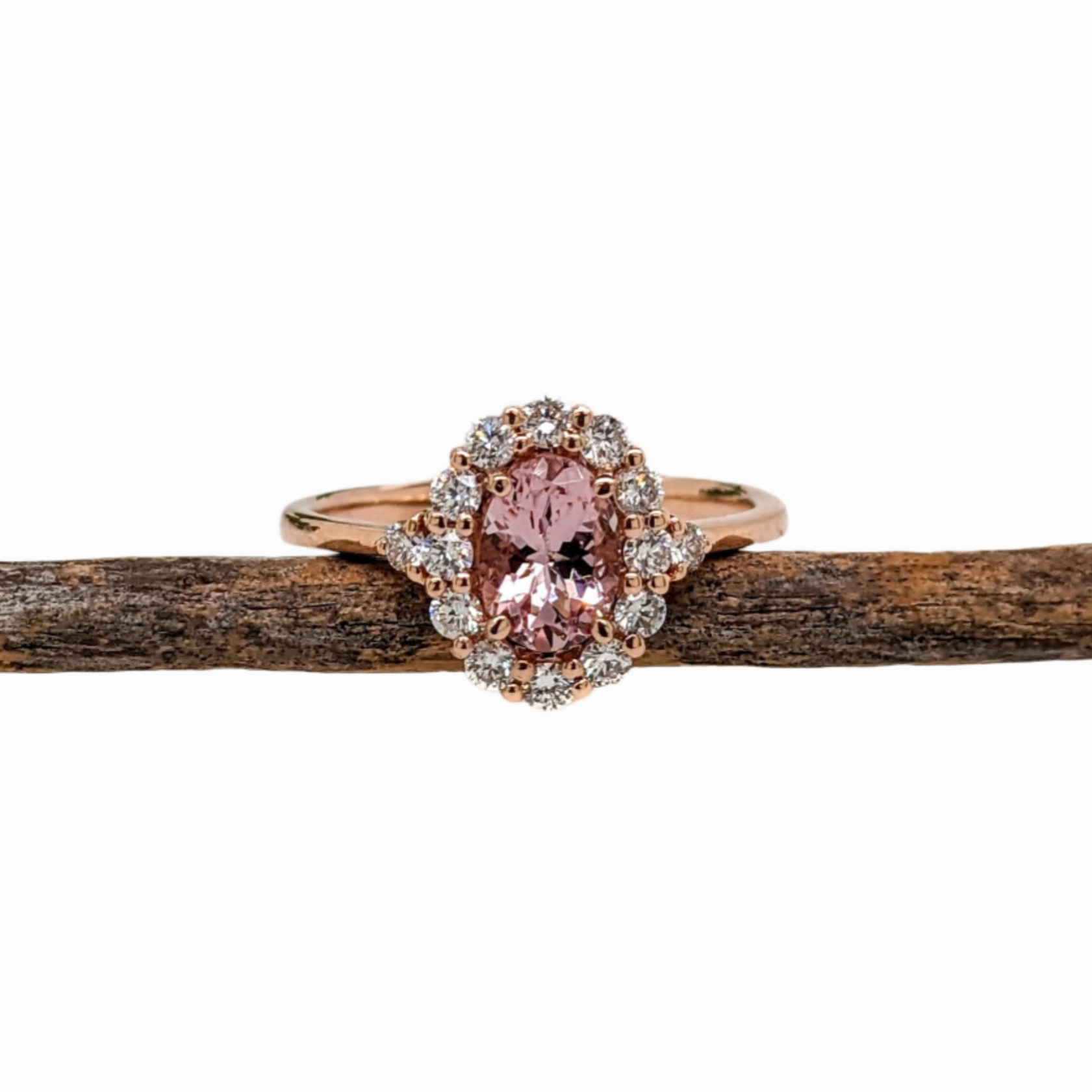 Pink Morganite Ring w Natural Diamond halo in Solid 14K Rose Gold | Oval 7x5mm