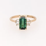 Green Tourmaline Ring w Earth Mined Diamonds in Solid 14K Yellow Gold | Emerald cut 9x5mm | October Birthstone