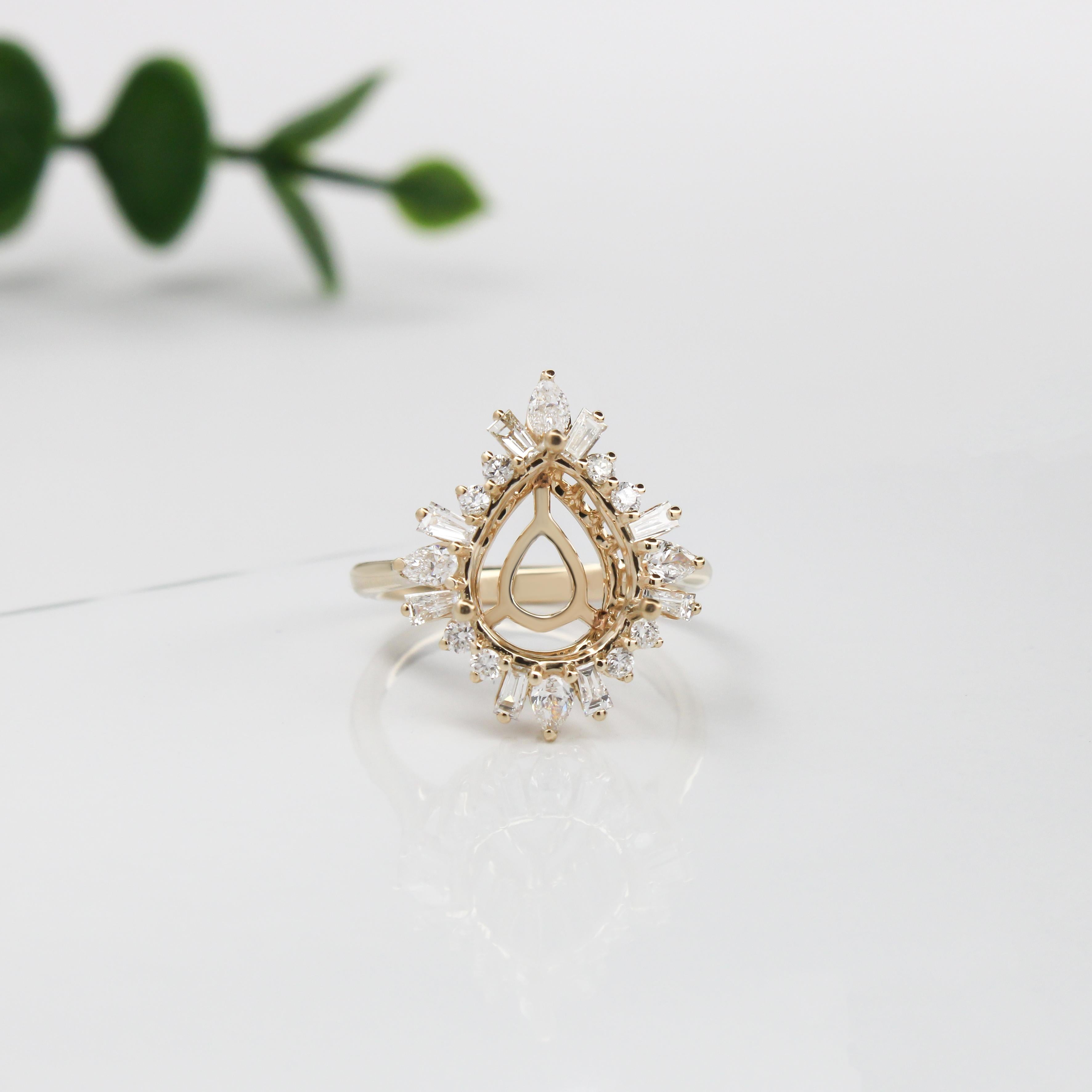 Ring Semi Mount w Earth Mined Diamonds in Solid 14K Gold | Pear 10x8mm