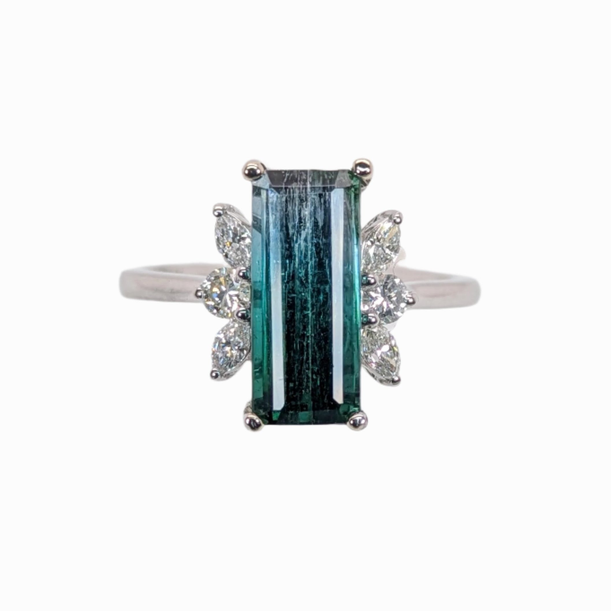 3ct Indicolite Tourmaline Ring w Earth Mined Diamonds in Solid 14K White Gold