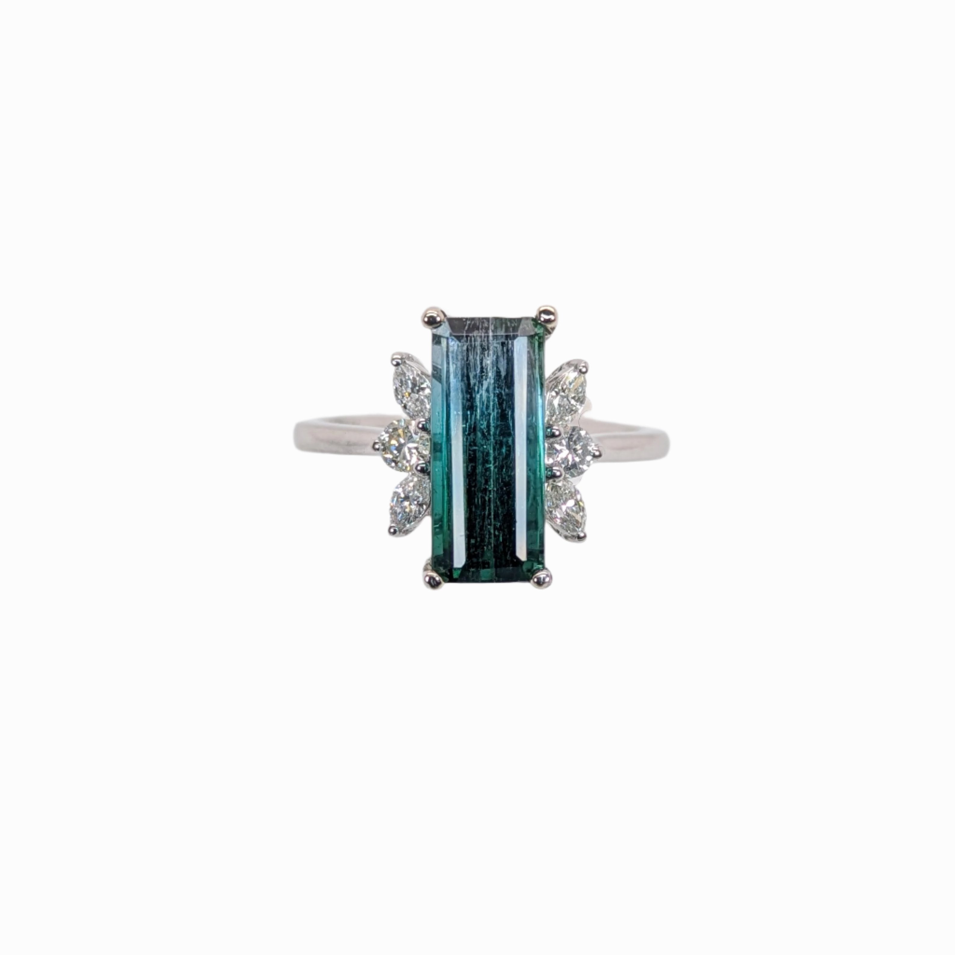 3ct Indicolite Tourmaline Ring w Earth Mined Diamonds in Solid 14K White Gold