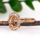Vintage Inspired Ring Semi Mount w Baguette and Round Diamonds in 14K Gold | Oval Shape | Custom Gemstone Jewelry