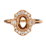 Vintage Inspired Ring Semi Mount w Baguette and Round Diamonds in 14K Gold | Oval Shape | Custom Gemstone Jewelry