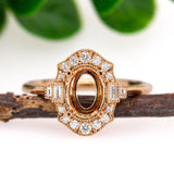 Vintage Inspired Ring Semi Mount w Baguette and Round Diamonds in 14K Gold | Oval Shape | Custom Gemstone Jewelry