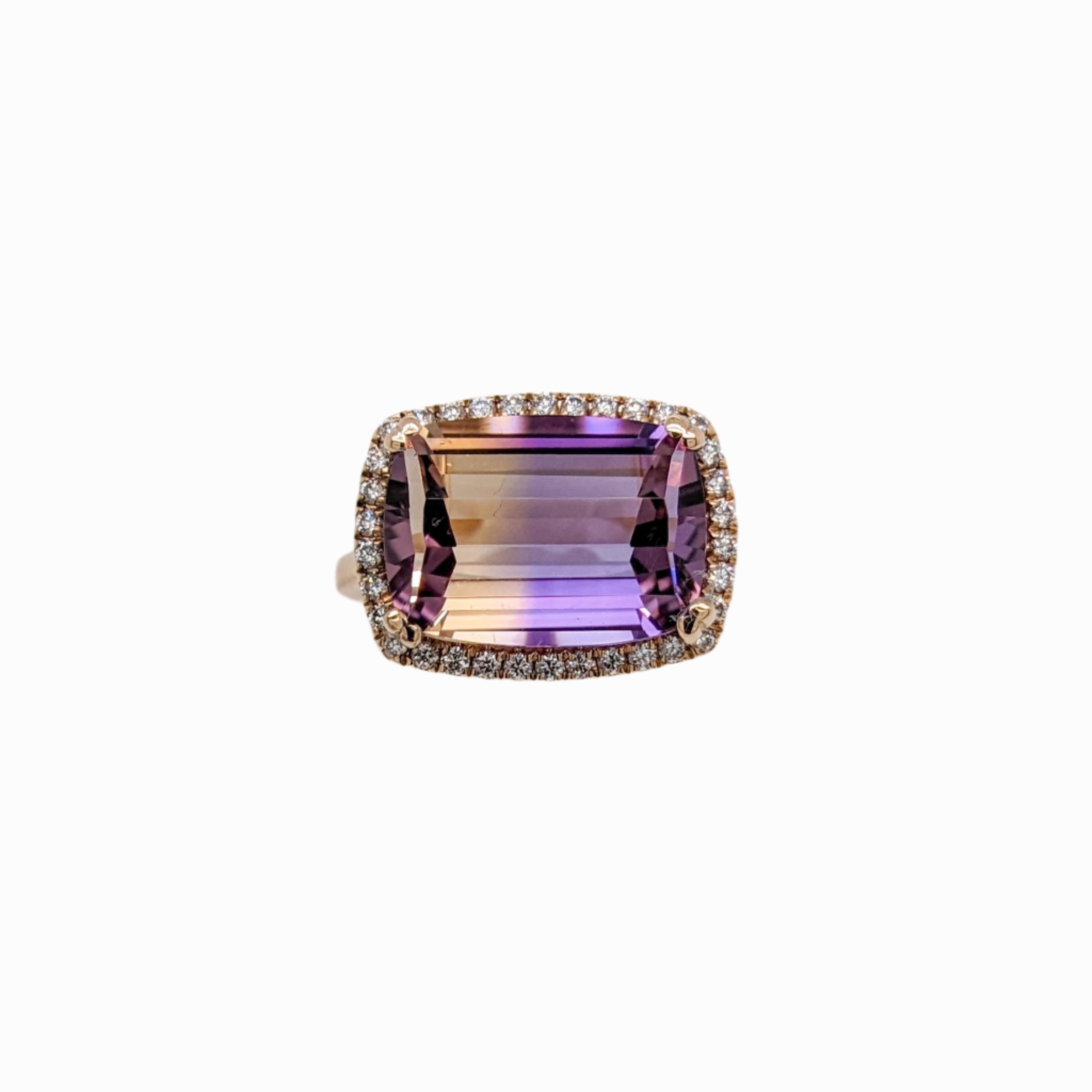 6.38ct Ametrine Ring w Earth Mined Diamonds in Solid 14K Gold | Cushion 14x10mm
