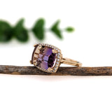 6.38ct Ametrine Ring w Earth Mined Diamonds in Solid 14K Gold | Cushion 14x10mm