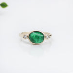 1.7ct East West Emerald Ring w Earth Mined Diamonds in Solid 14K Gold | Oval 9x7