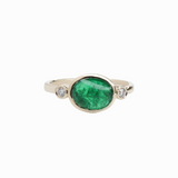 1.7ct East West Emerald Ring w Earth Mined Diamonds in Solid 14K Yellow Gold | Oval 9x7mm