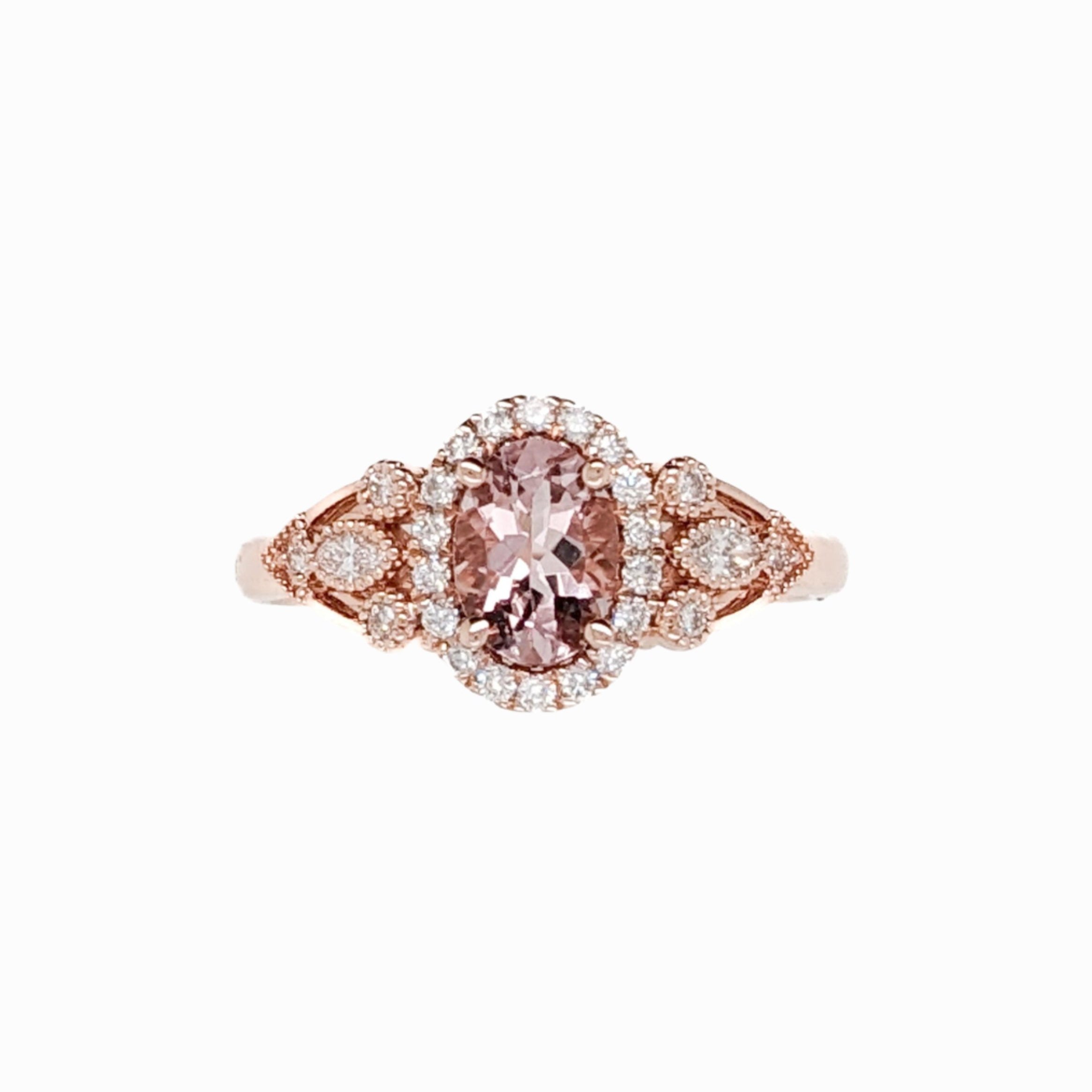 Pink Morganite w Natural Diamond Accents in Solid 14K Rose Gold | Oval 7x5mm