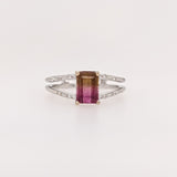 2ct Bicolor Tourmaline Ring w Earth Mined Diamonds in Solid 14K Yellow Gold | Emerald cut 9x6mm