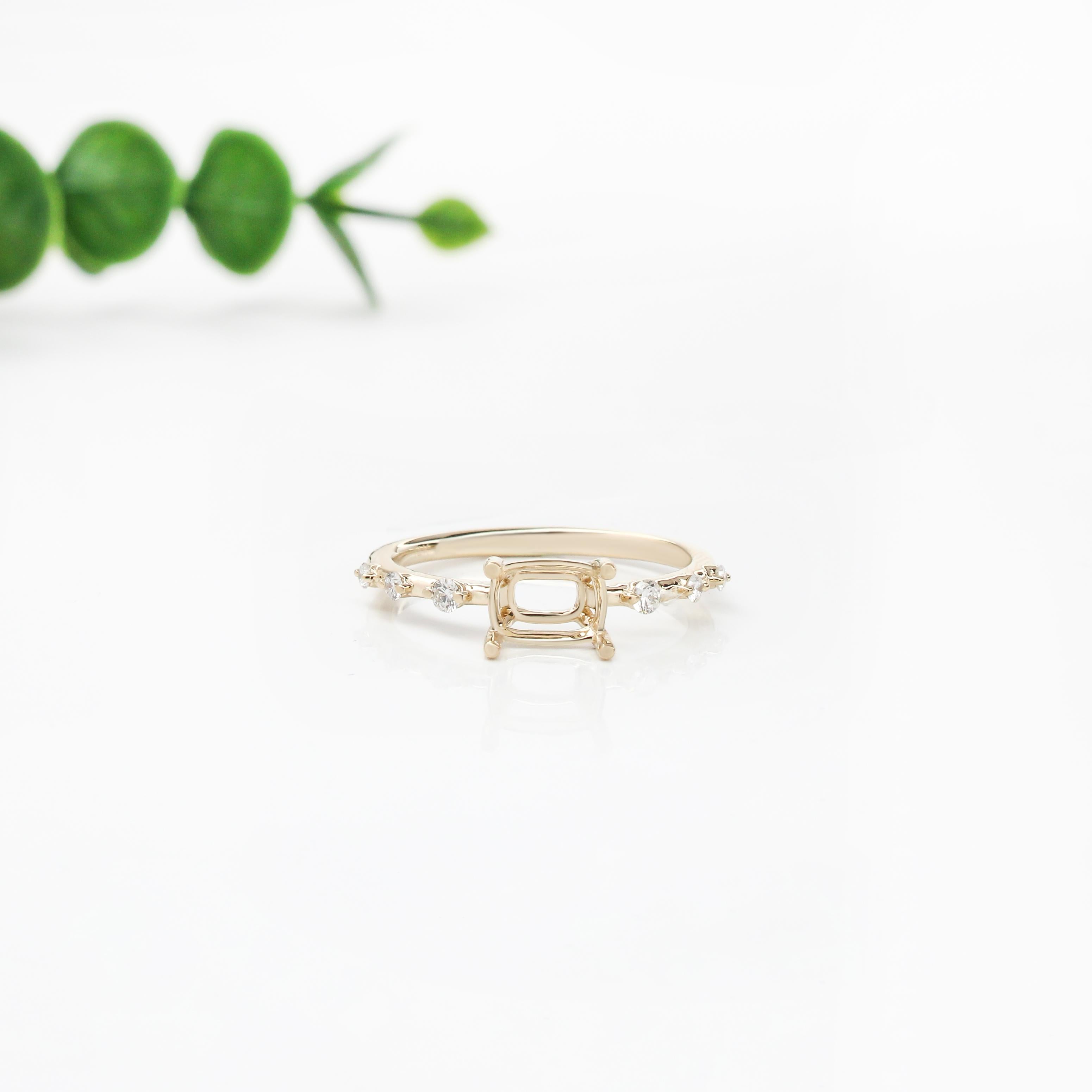 Dainty East West Ring Setting w Diamond Accents in Solid 14K Gold | Cushion