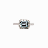 1.7ct East West Aquamarine Ring w Natural Diamond Halo in Solid 14K White Gold