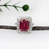 6.7ct Statement Ruby Ring w Natural Diamond Halo in 14K White Gold | EM 11x9mm