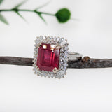 6.7ct Statement Ruby Ring w Natural Diamond Halo in 14K White Gold | EM 11x9mm