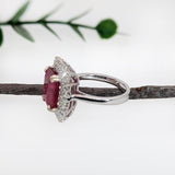 6.7ct Statement Ruby Ring w Natural Diamond Halo in 14K White Gold | EM 11x9mm