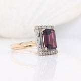 2.8ct Attractive Raspberry Garnet Ring w Earth Mined Diamonds in Solid 14K Yellow Gold | Emerald cut 9x7mm