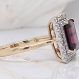 2.8ct Attractive Raspberry Garnet Ring w Earth Mined Diamonds in Solid 14K Yellow Gold | Emerald cut 9x7mm