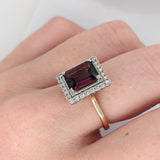 2.8ct Attractive Raspberry Garnet Ring w Earth Mined Diamonds in Solid 14K Yellow Gold | Emerald cut 9x7mm