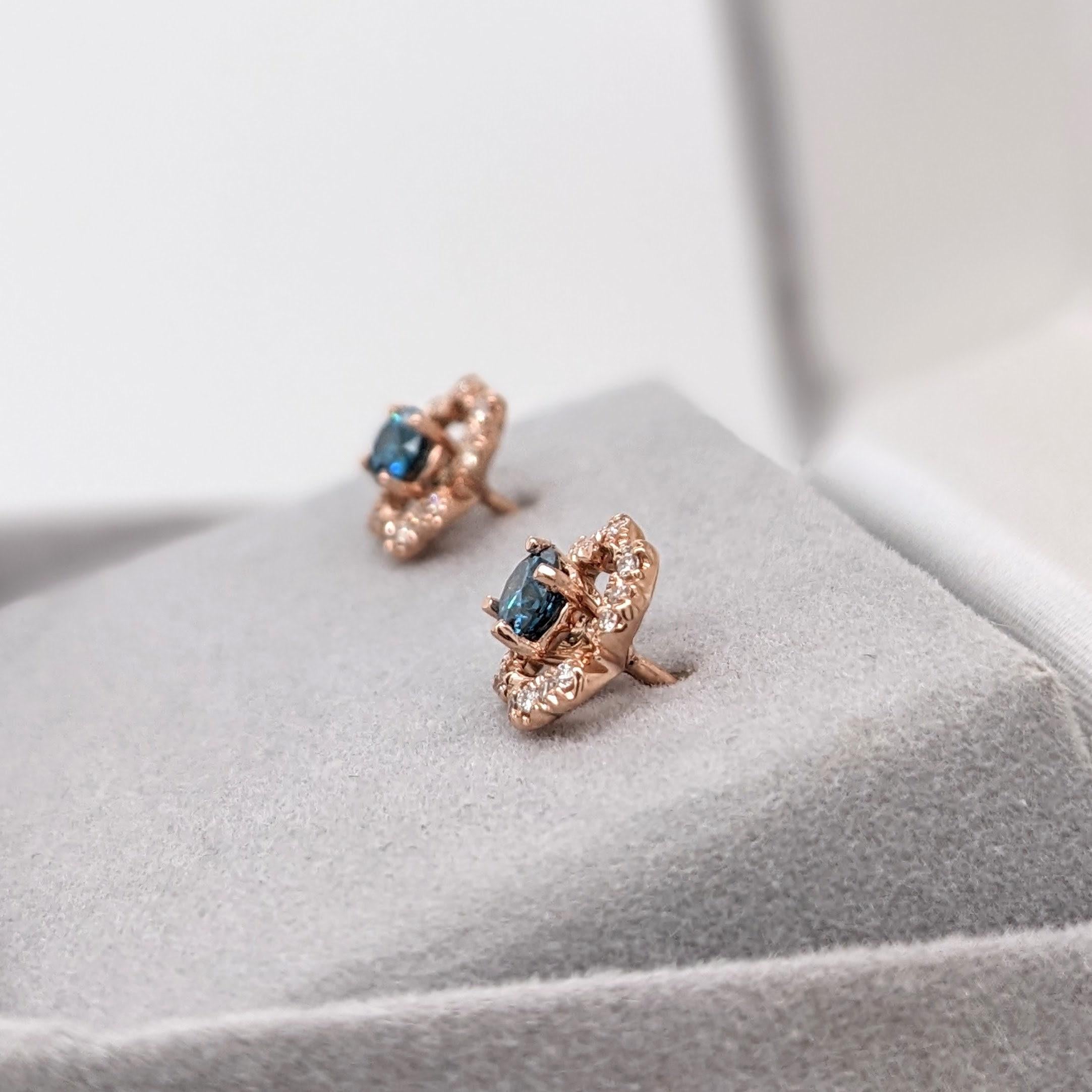 Beautiful Floral Blue Diamond Studs w Earth Mined Diamonds in Solid 14K Gold