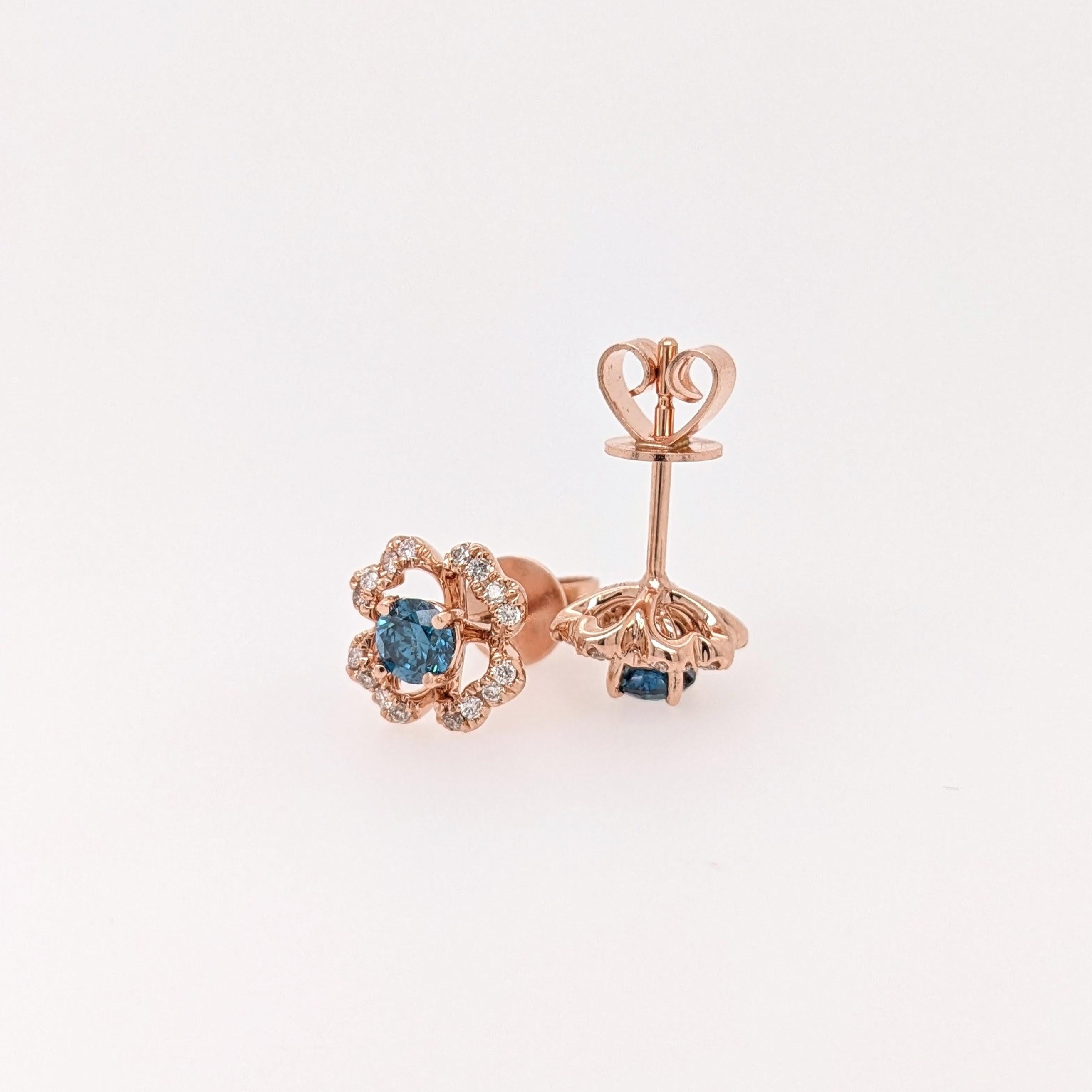Beautiful Floral Blue Diamond Studs w Earth Mined Diamonds in Solid 14K Gold