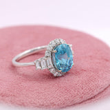 6ct Blue Zircon Ring w Earth Mined Diamonds in Solid 14k White Gold | Oval 10.5x8mm | December Birthstone