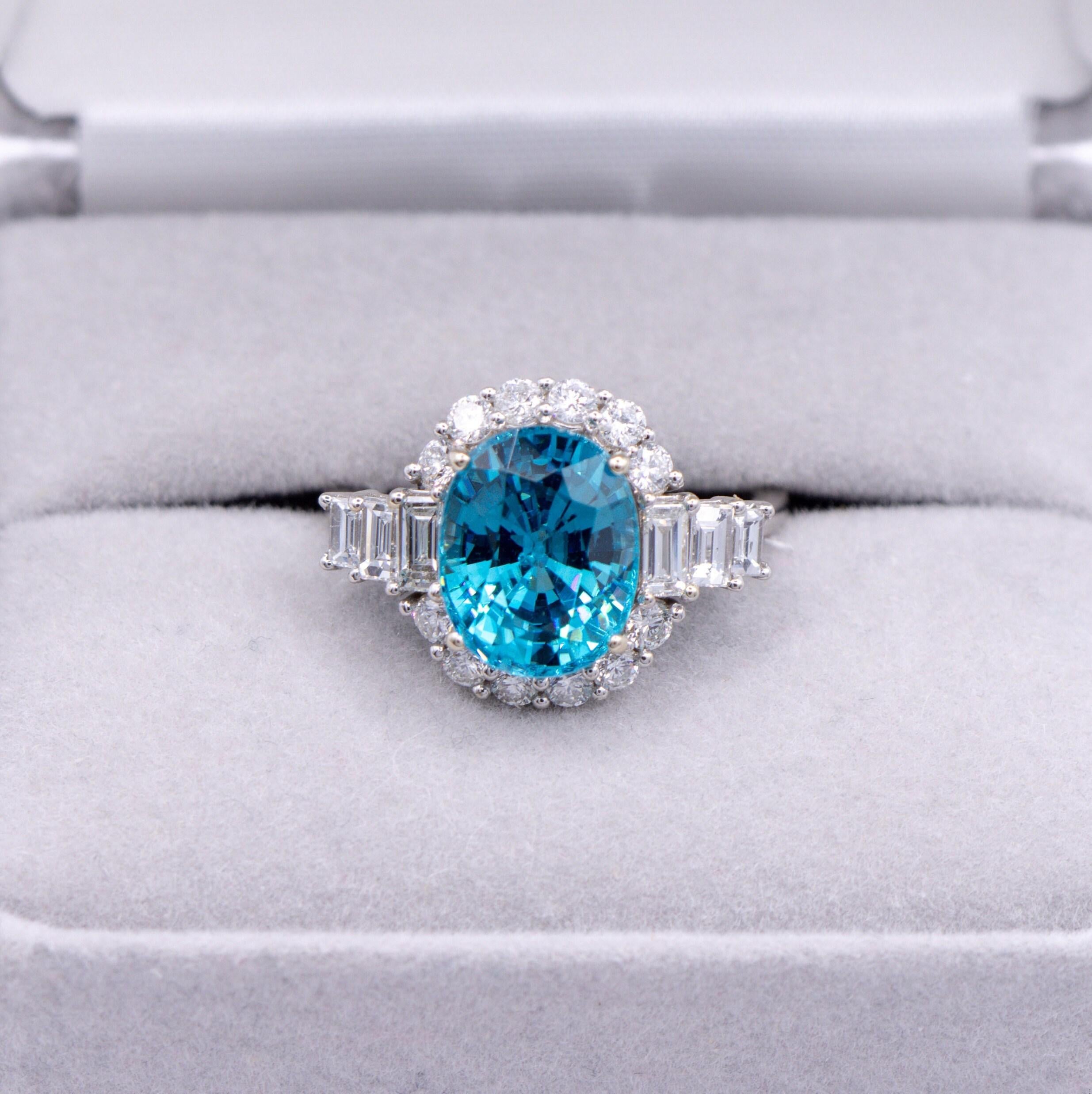 6ct Blue Zircon Ring w Earth Mined Diamonds in Solid 14k White Gold Oval 10.5x8
