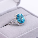 6ct Blue Zircon Ring w Earth Mined Diamonds in Solid 14k White Gold Oval 10.5x8