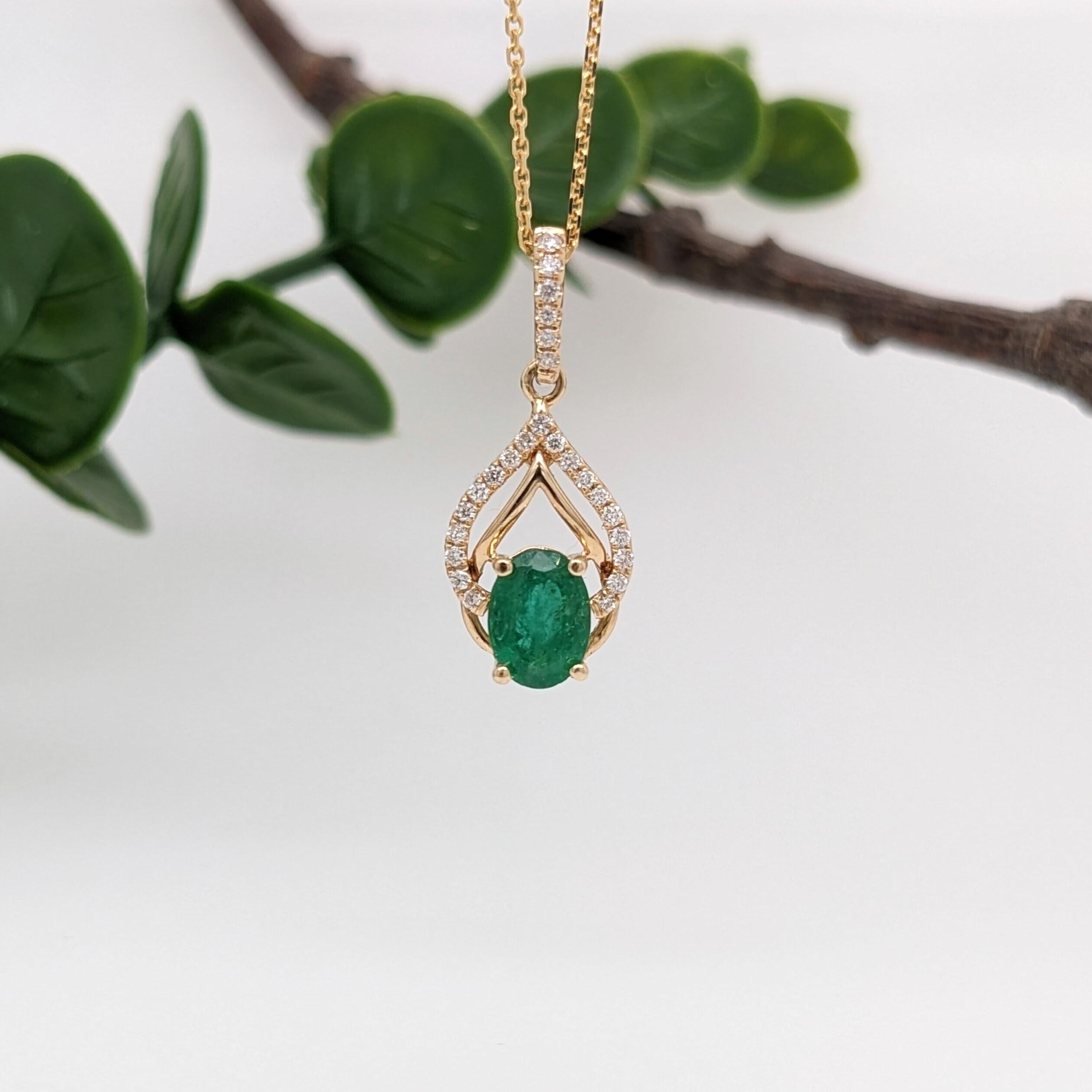 Emerald Pendant w Earth Mined Diamonds in Solid 14K Yellow Gold Oval 7x5mm