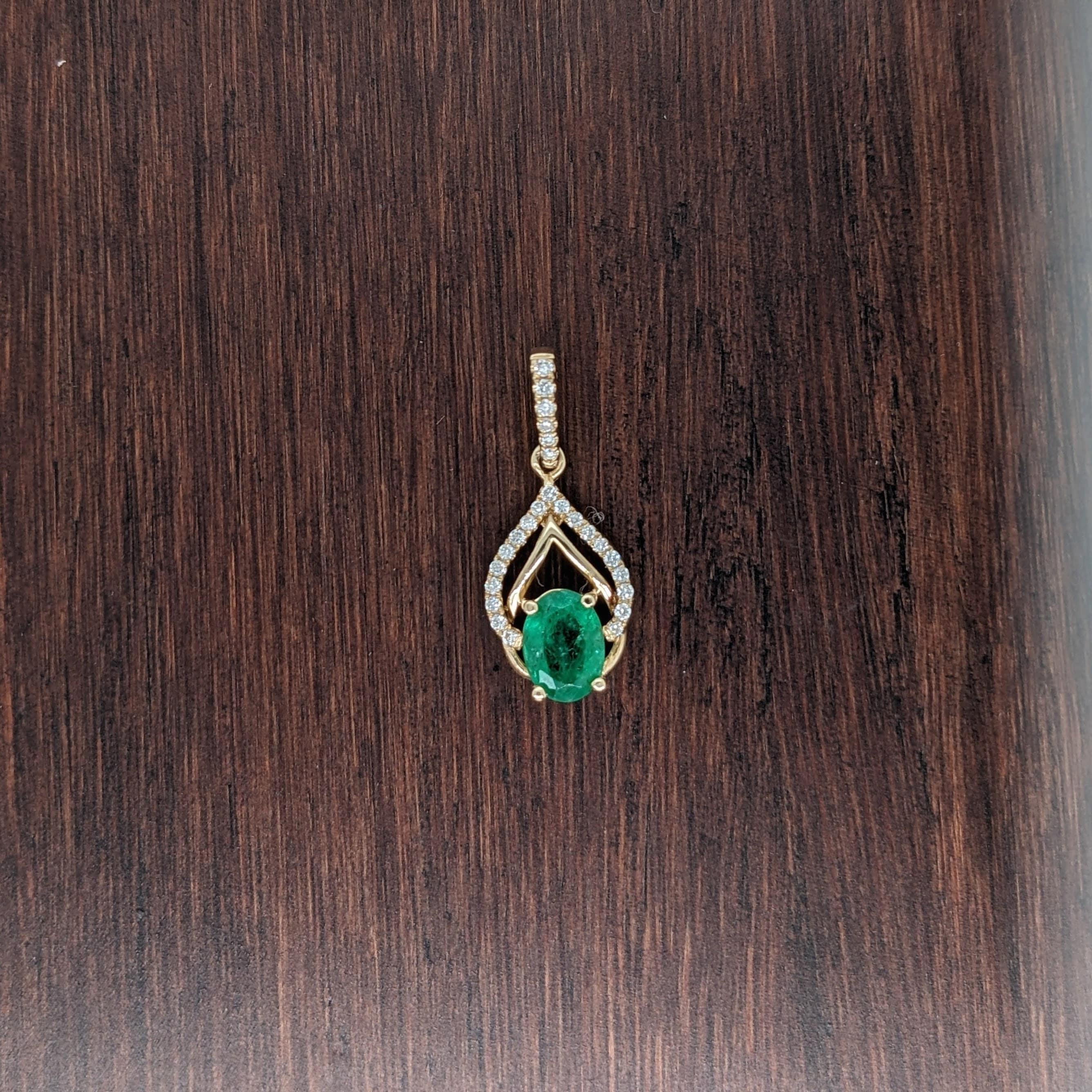 Emerald Pendant w Earth Mined Diamonds in Solid 14K Yellow Gold Oval 7x5mm