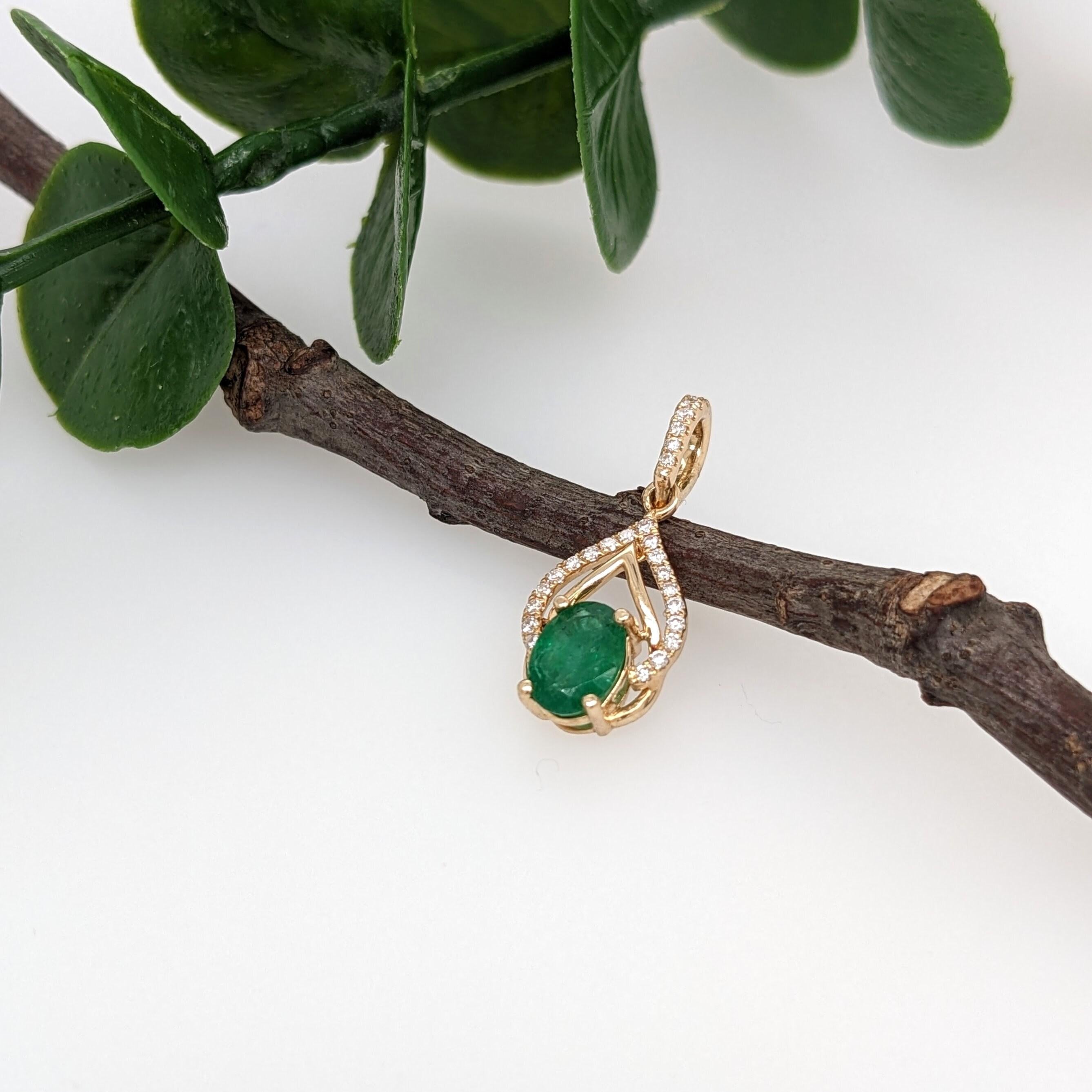 Emerald Pendant w Earth Mined Diamonds in Solid 14K Yellow Gold Oval 7x5mm