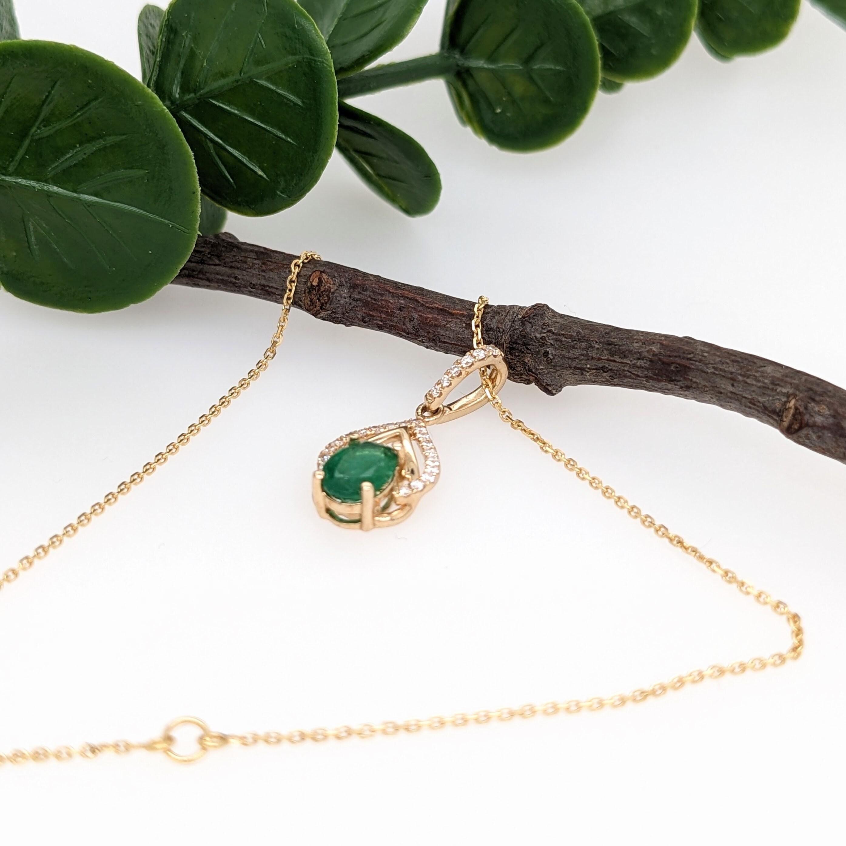 Emerald Pendant w Earth Mined Diamonds in Solid 14K Yellow Gold Oval 7x5mm