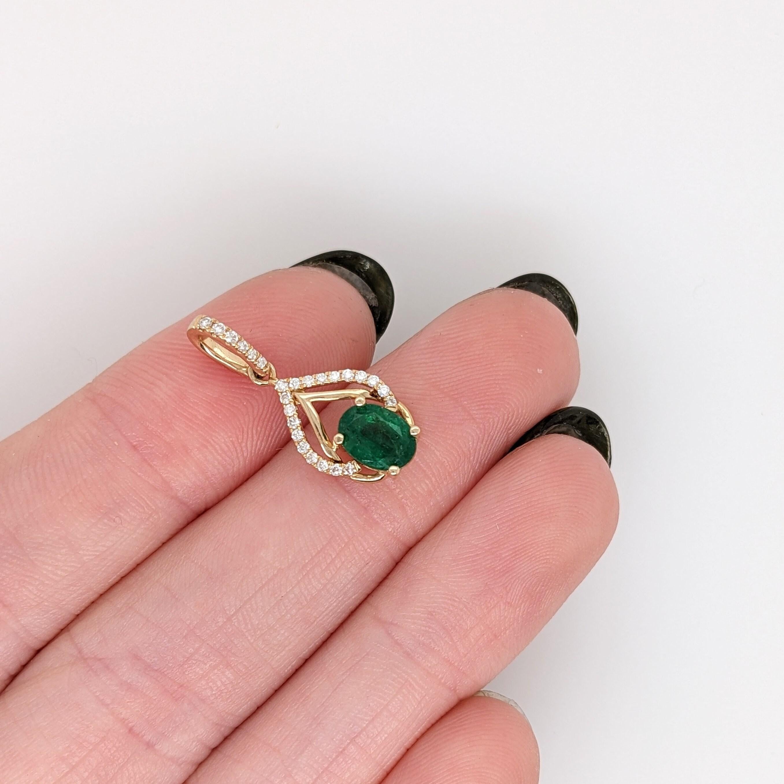 Emerald Pendant w Earth Mined Diamonds in Solid 14K Yellow Gold Oval 7x5mm