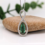 1ct Green Tourmaline Pendant w Earth Mined Diamonds in 14K White Gold | Infinity Diamond Halo | Pear 11x5mm