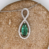 1ct Green Tourmaline Pendant w Earth Mined Diamonds in 14K White Gold | Infinity Diamond Halo | Pear 11x5mm