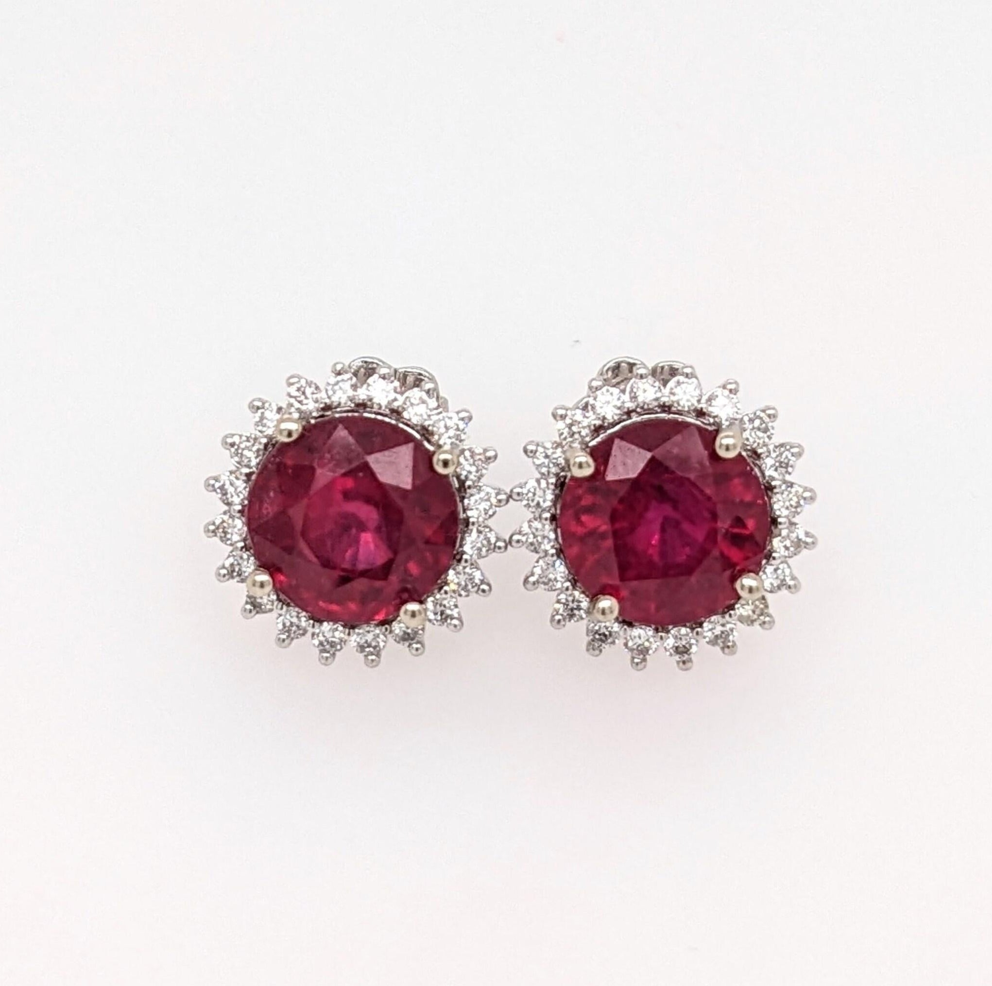 Beautiful Ruby Stud Earrings w Earth Mined Diamonds in Solid 14k Gold Round 10mm
