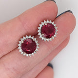 Beautiful Ruby Stud Earrings w Earth Mined Diamonds in Solid 14k Gold Round 10mm