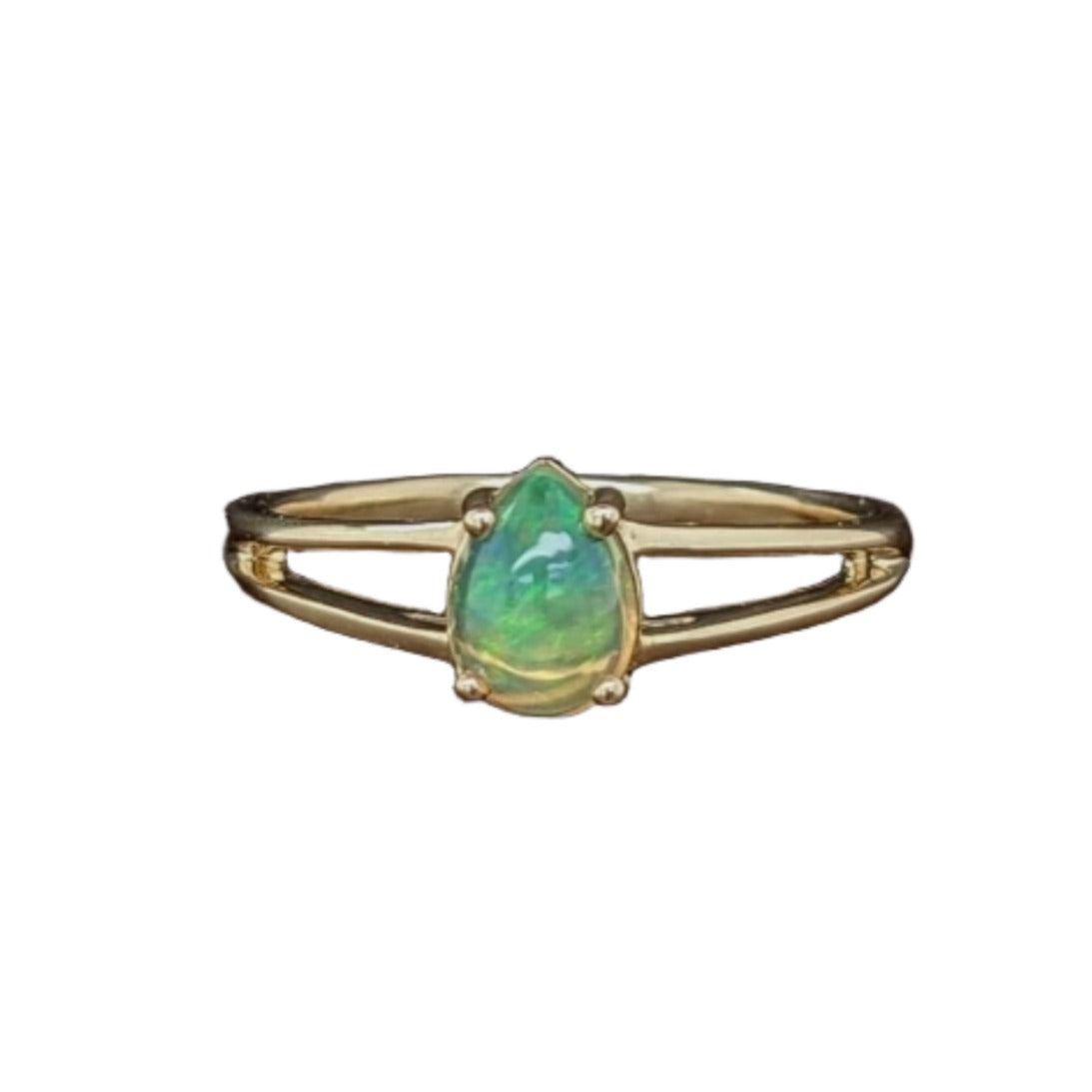 Beautiful Ethiopian Opal Solitaire Ring in Solid 14K Yellow Gold | Pear 7x5mm