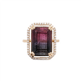 6.4ct Bicolor Tourmaline Ring w Earth Mined Diamonds in Solid 14k Yellow Gold | Emerald cut 13x9mm | October Birthstone