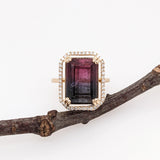 6.4ct Bicolor Tourmaline Ring w Earth Mined Diamonds in Solid 14k Gold EM 13x9mm