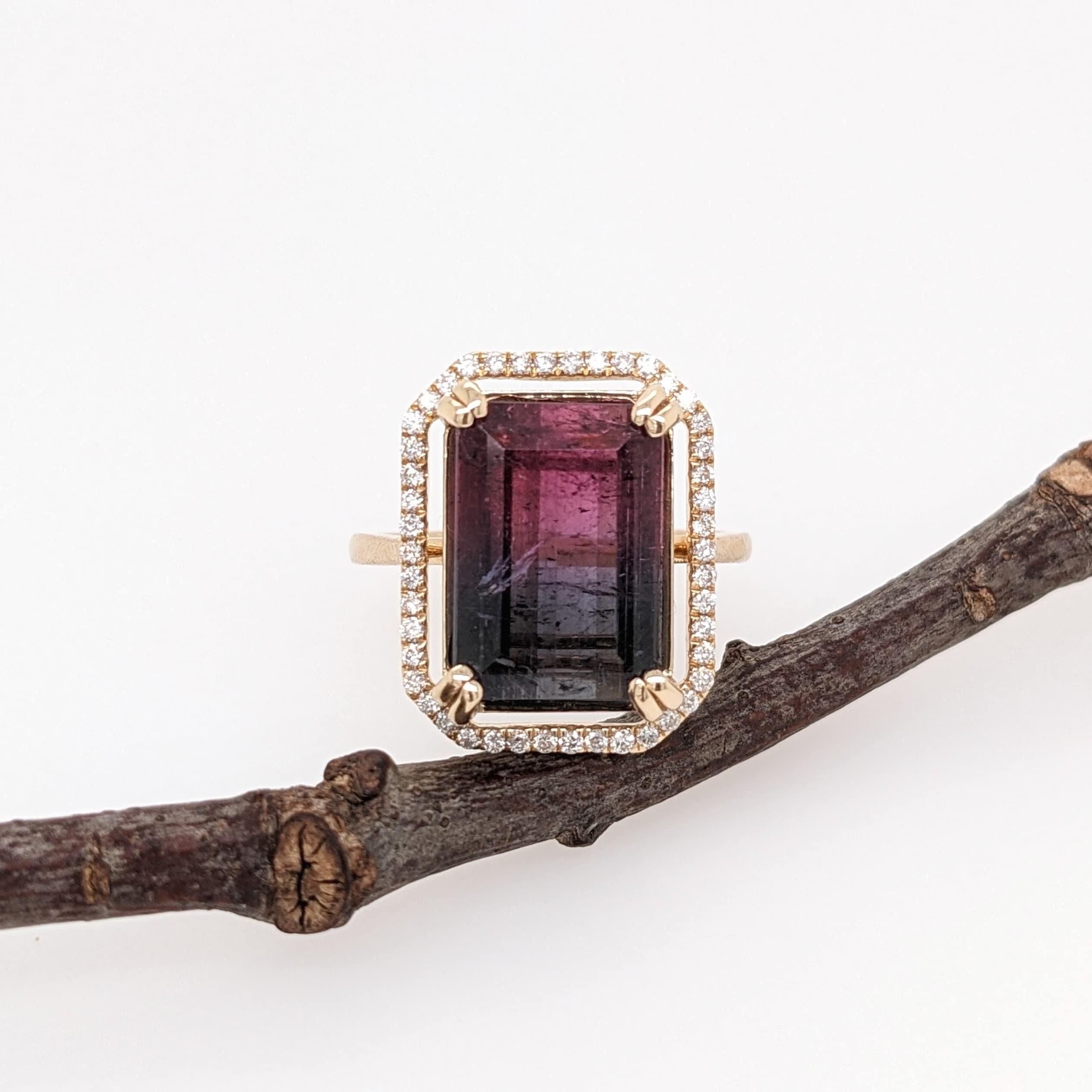 6.4ct Bicolor Tourmaline Ring w Earth Mined Diamonds in Solid 14k Gold EM 13x9mm