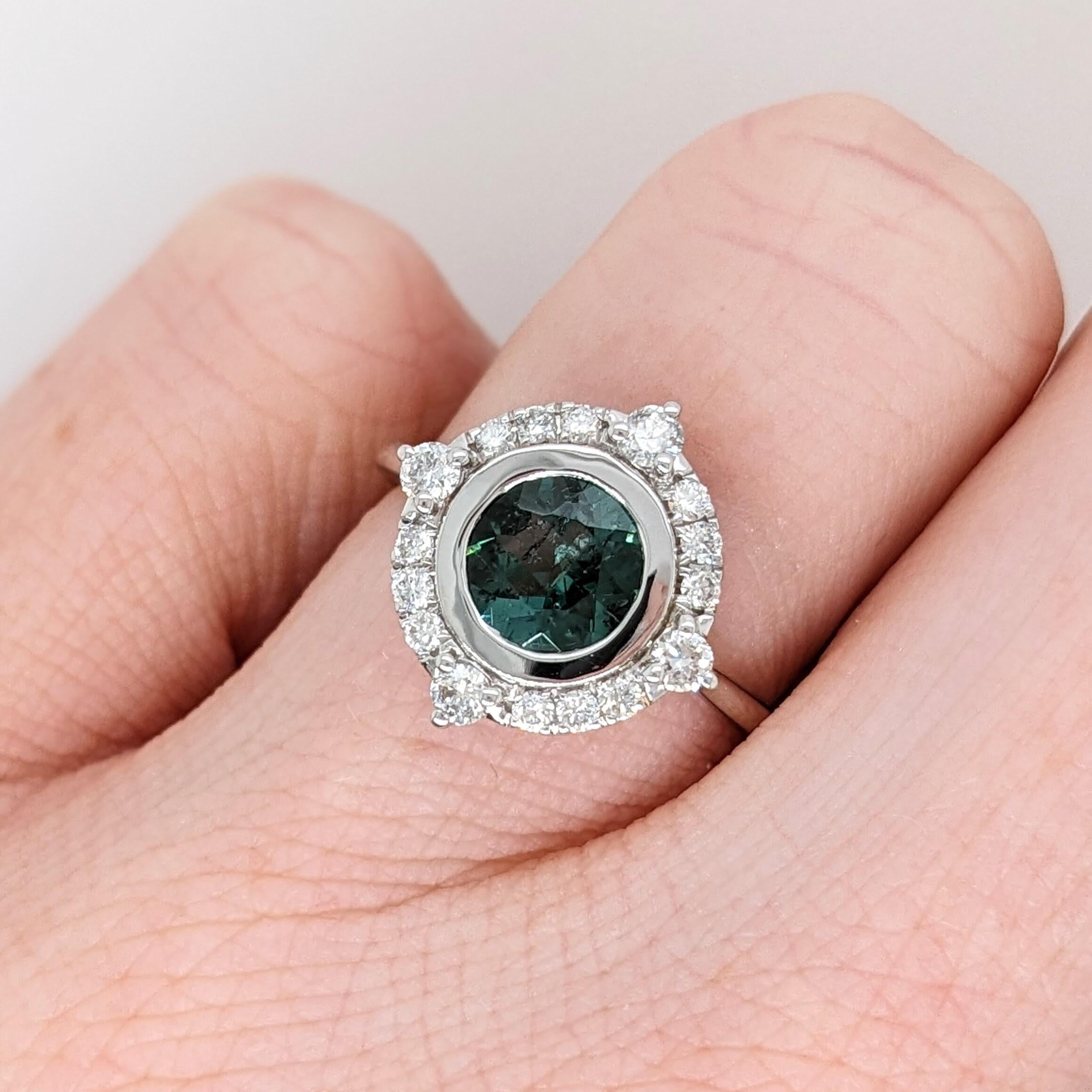 Blue Green Indicolite Tourmaline Ring w Natural Diamond Halo in 14K White Gold