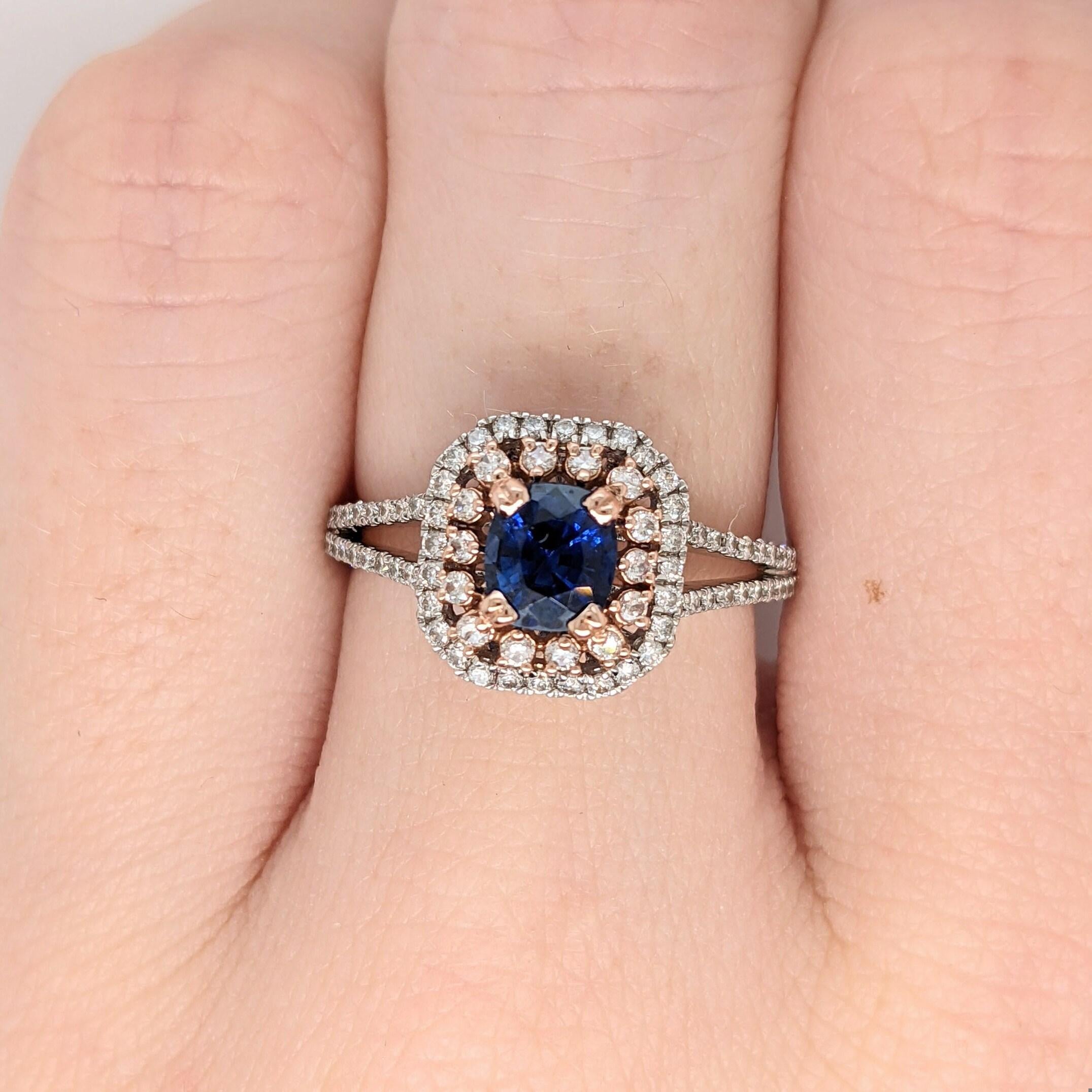 Blue Sapphire Ring w Earth Mined Diamonds in Solid 14K Dual Tone Gold Round 5mm