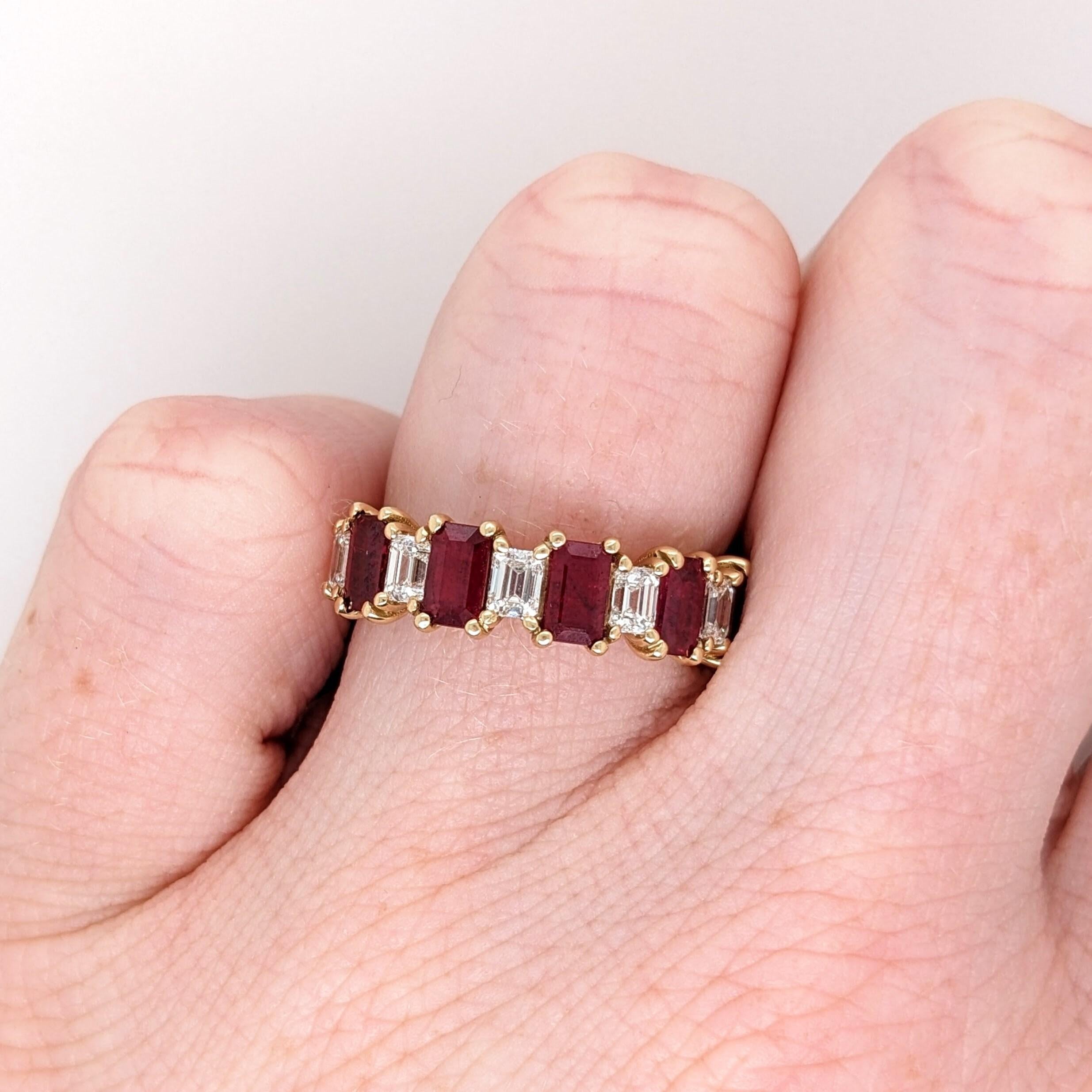 Bright Red Ruby Band Ring w Earth Mined Diamonds in Solid 14K Yellow Gold