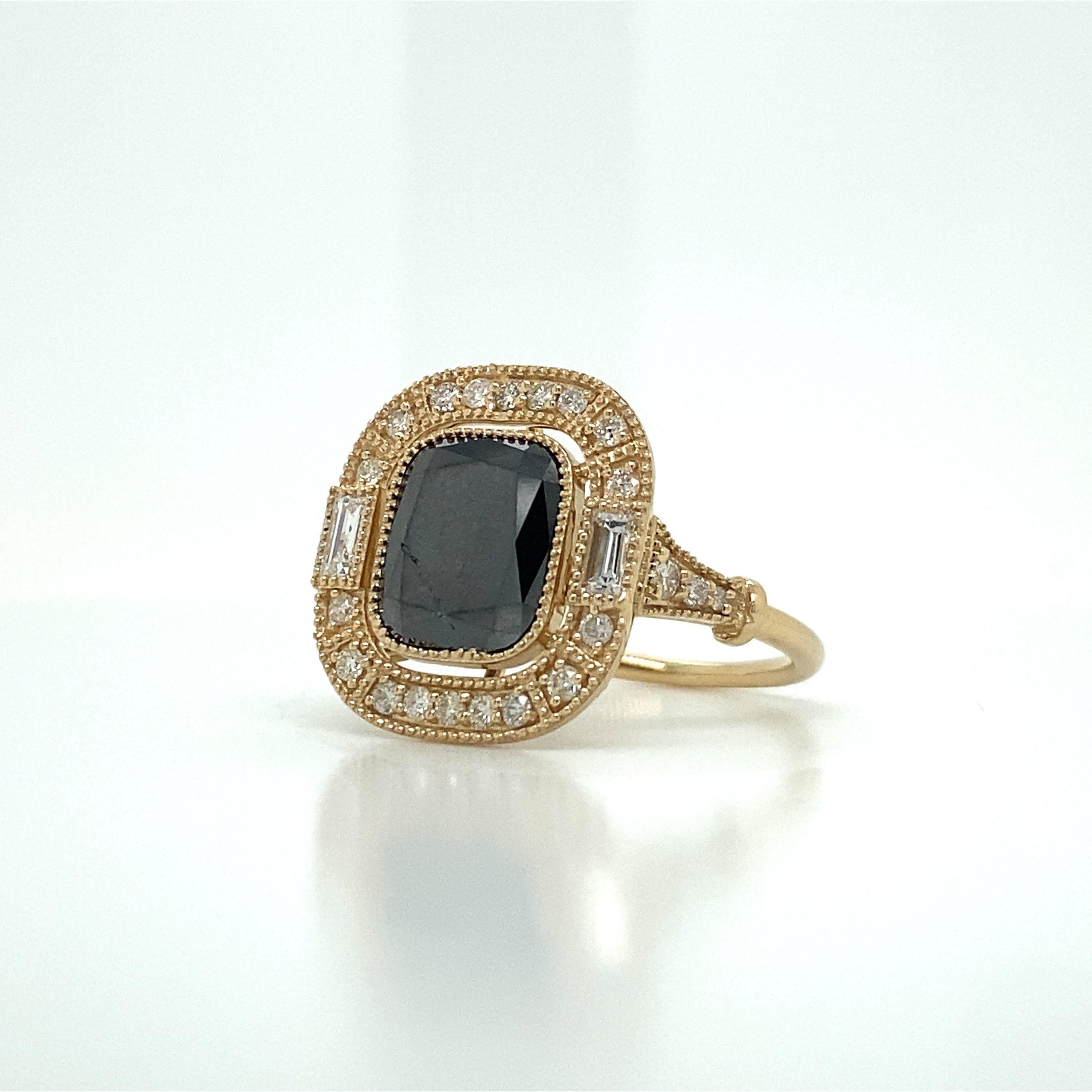 Black Diamond Ring w Earth Mined Diamonds & Milgrain Detail in Solid 14K Gold